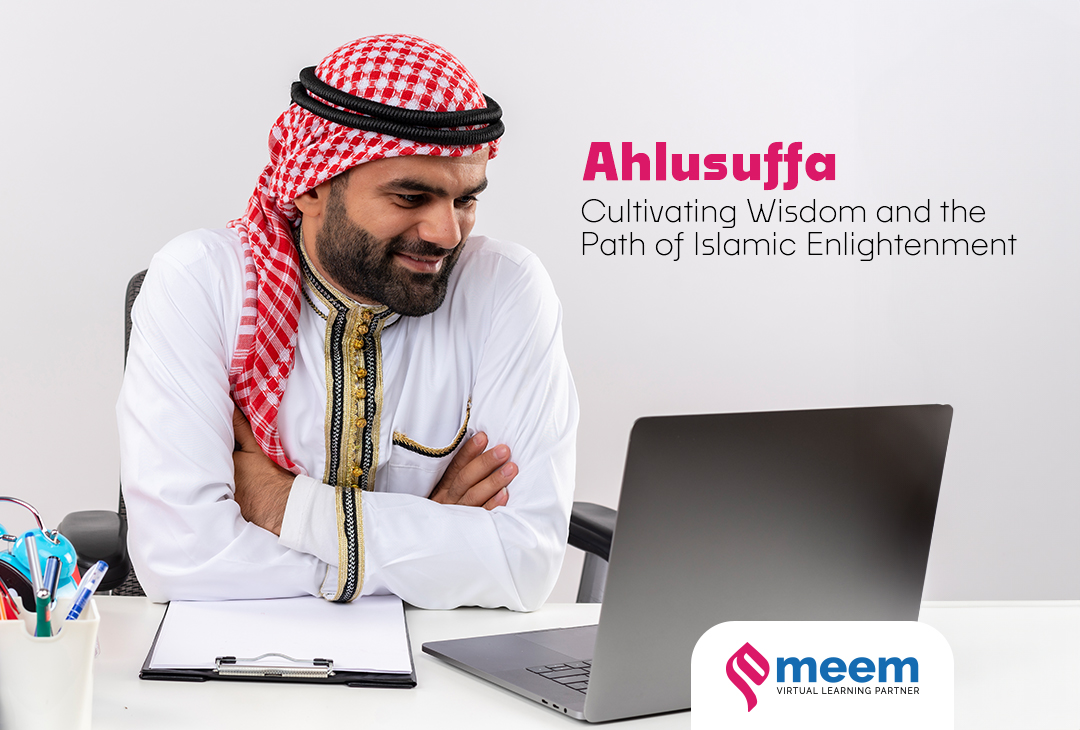 A man in traditional Middle Eastern attire studying online for an Islamic Degree, responding wisdom and enlightenment with MeeM