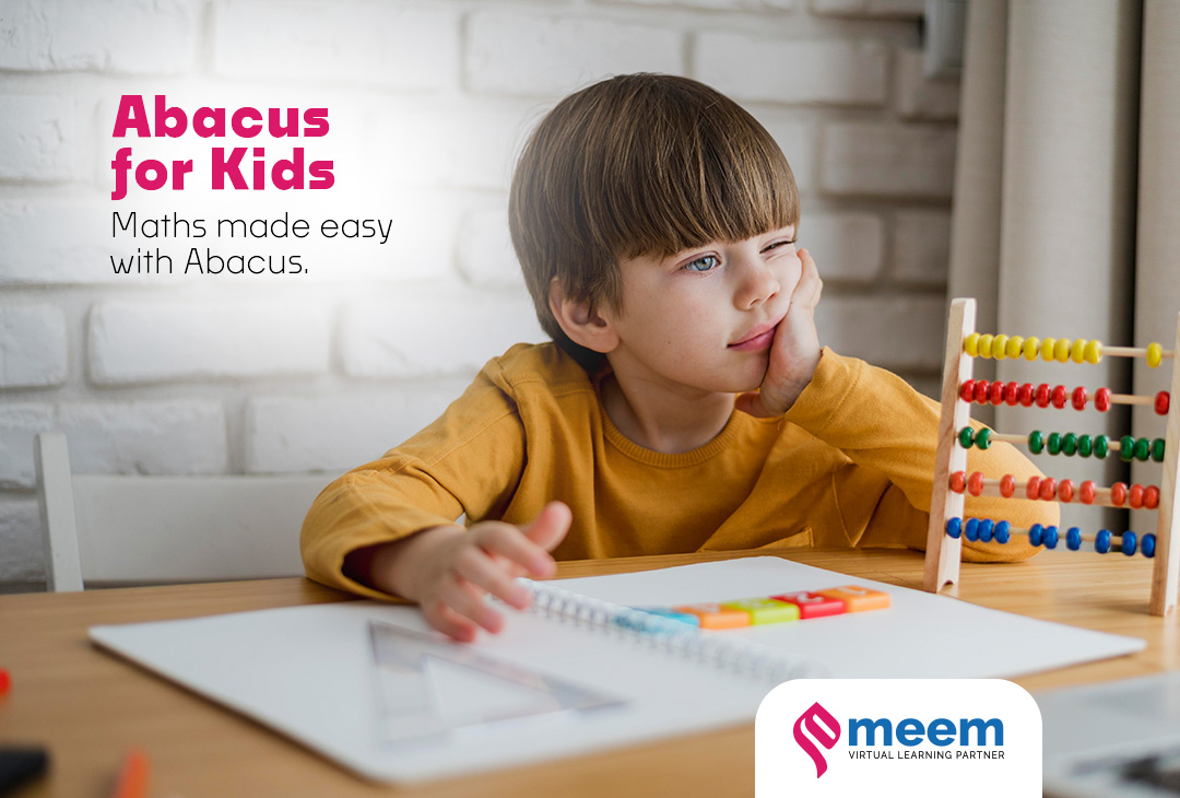 "Child participating in an online Abacus class, learning mental math techniques."