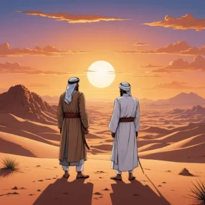 Two men dressed in traditional attire stand in the desert, facing the setting sun. Their posture and presence symbolize trust, sincerity, and integrity—core values of honesty in our daily lives.