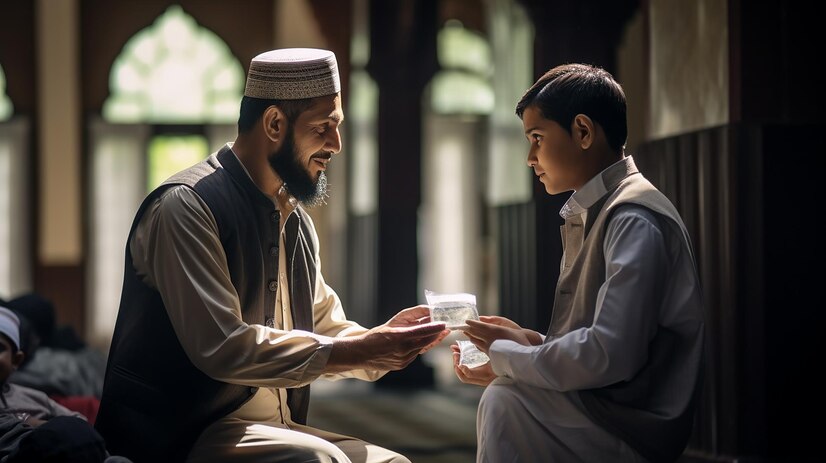 An elderly man and a young boy share a moment of honesty and kindness in warm sunlight, symbolizing trust in Islam