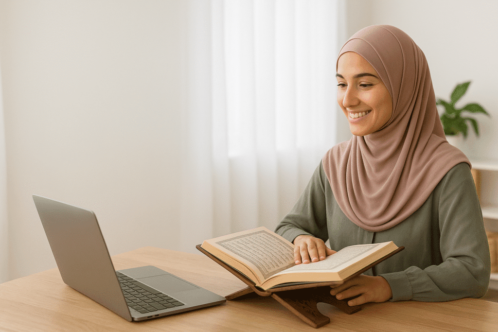 Young Muslim woman attending online Quran classes for ladies, smiling while studying the Quran with a laptop in a bright, peaceful room.