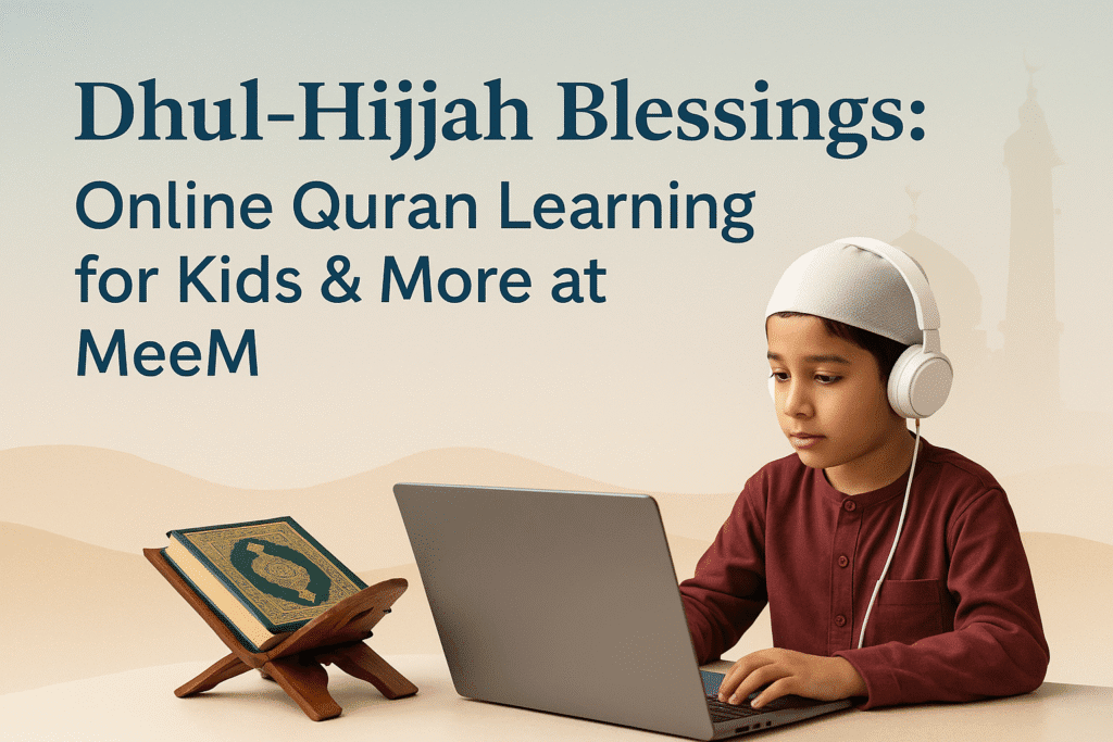 A young Muslim boy wearing a white cap and headphones is learning Quran online using a laptop.