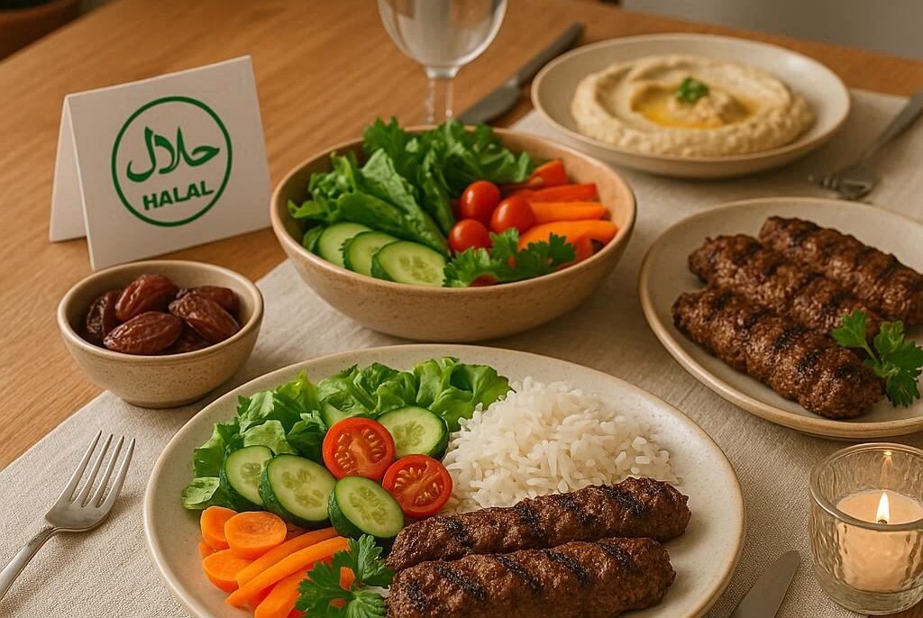 Delicious plate of halal food with grilled meat, rice, fresh vegetables, and dates