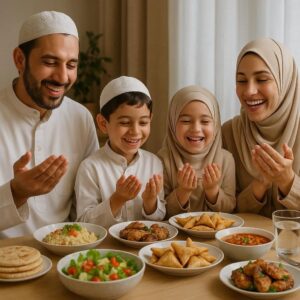 Muslim family praying together before enjoying a meal of halal food at home