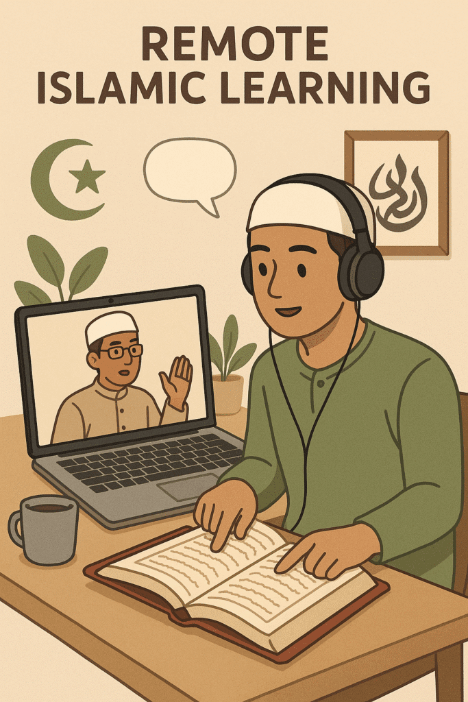 Online Quran learning session with remote Islamic tutor during Rabi’ al-Awwal, focusing on e-learning and Islamic studies.