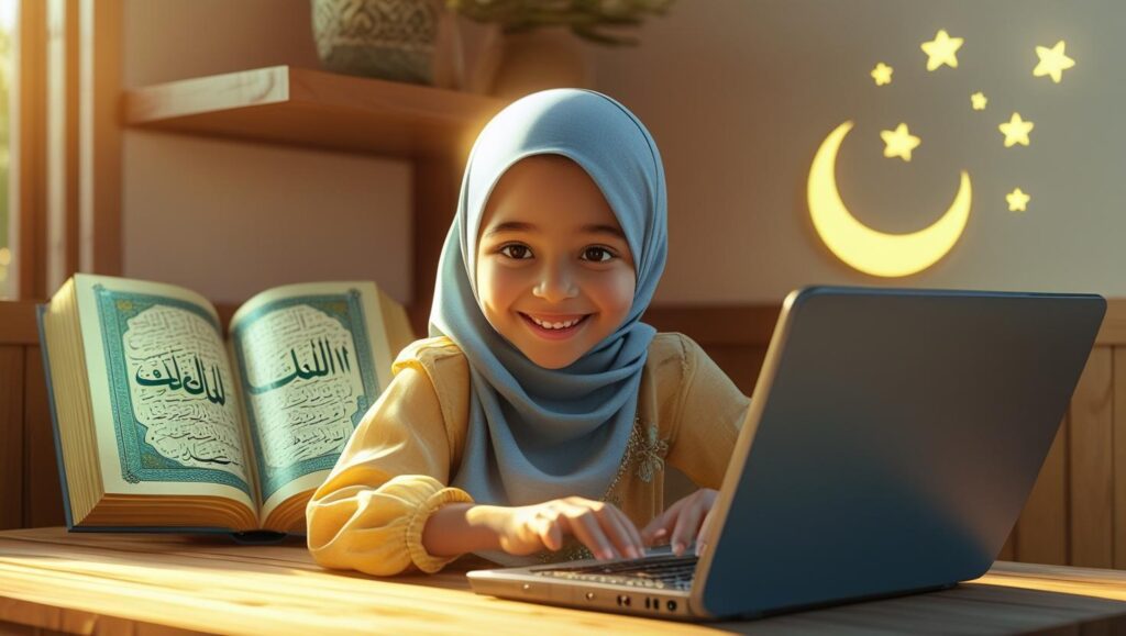 Muslim child attending online class Islamic class during Rabi' al-Awwal.