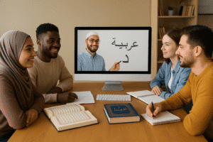 Four diverse students participating in a Quran class online, sitting around a table with Qur’ans and notebooks, while an instructor teaches Arabic letters through a video call on a computer screen.
