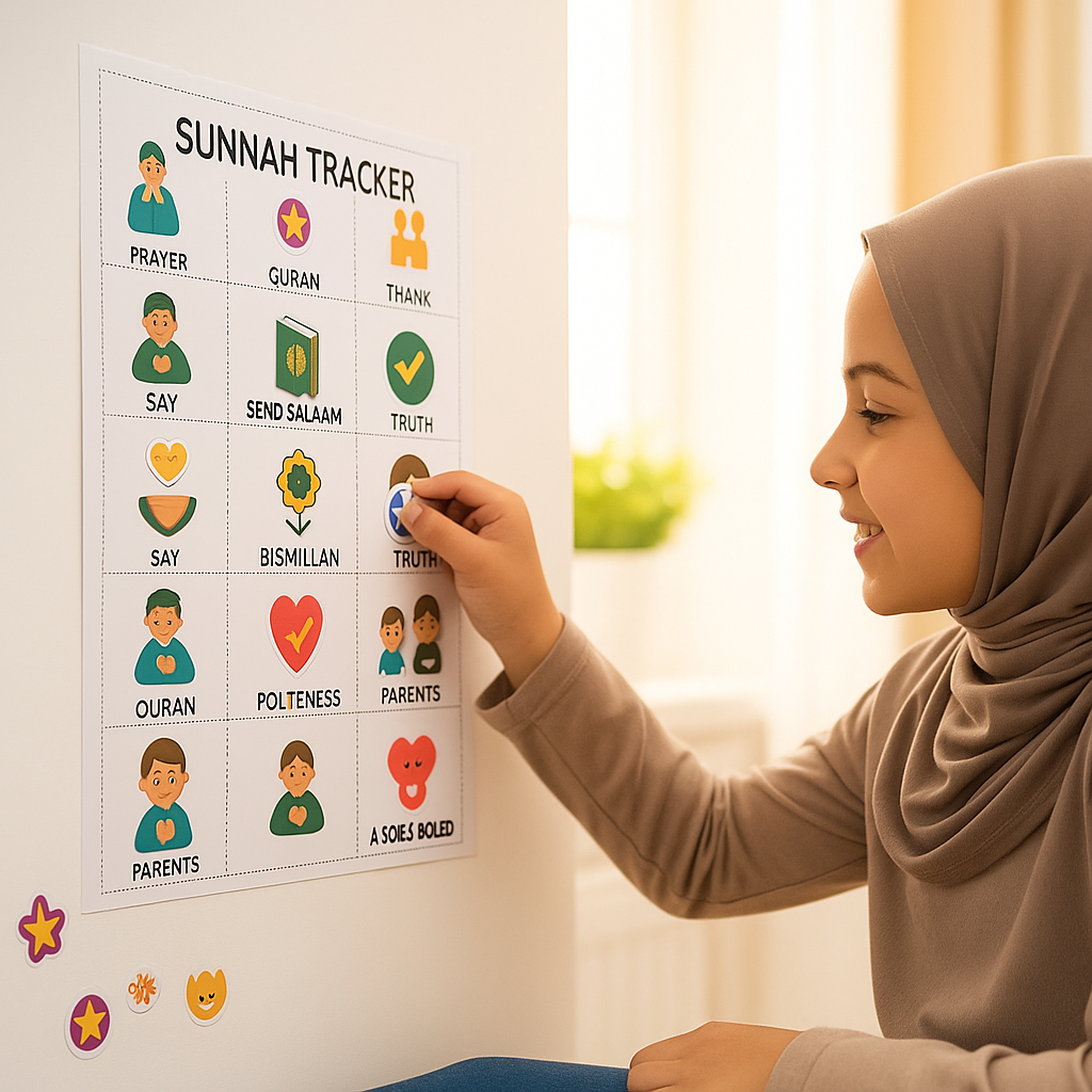 Illustration of a smiling hijab-wearing child placing a sticker on a Sunnah Tracker chart with good deed icons.
