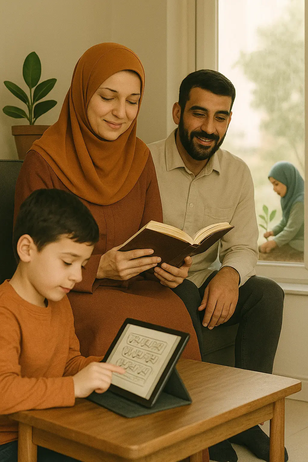 a Muslim family walking together in a peaceful urban park setting, symbolizing prophetic values in a modern world."