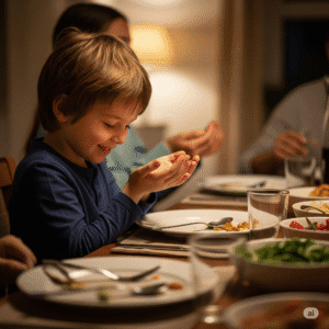 Child smiling at the table, raising hands in dua before eating.