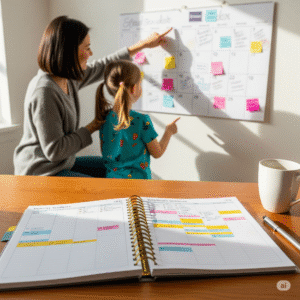 Open planner with color-coded schedules, parent and child pointing at a wall calendar in the background.