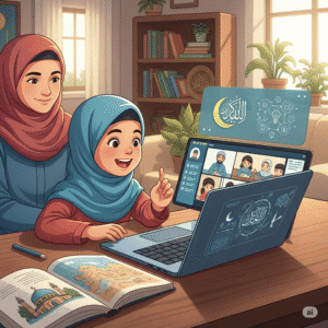 A child smiling while attending an online class on a laptop/tablet, with a parent nearby.