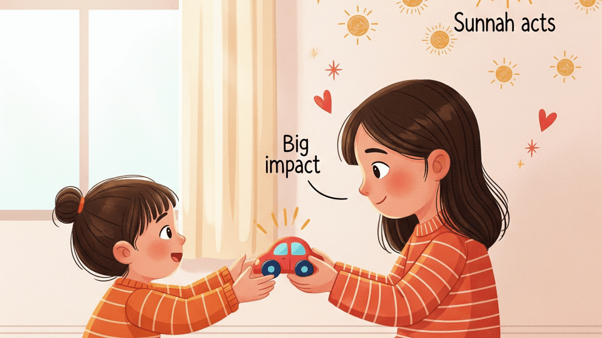 Child helping a sibling or sharing a toy, showing Sunnah kindness.