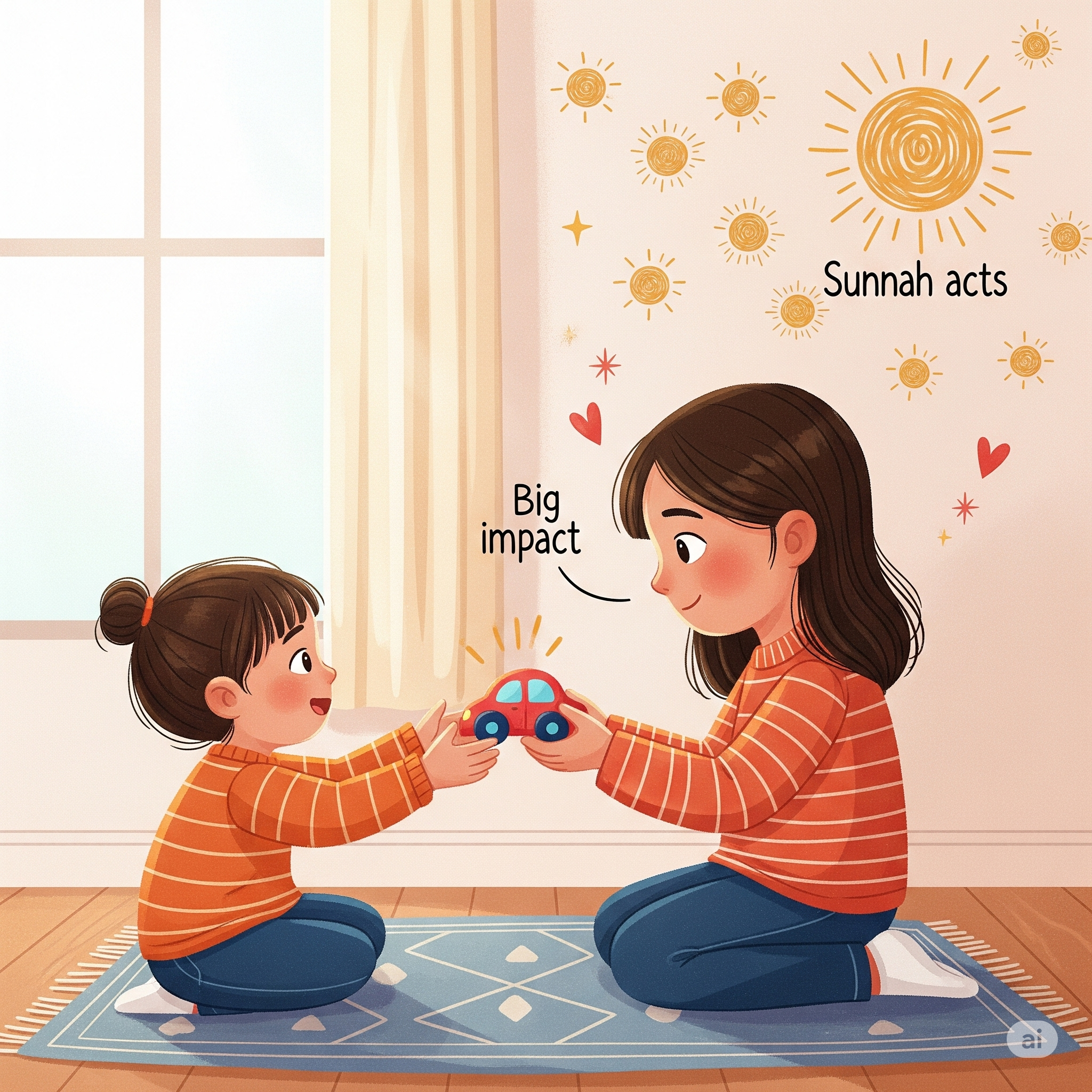 Child helping a sibling or sharing a toy, showing Sunnah kindness.