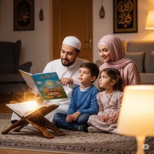 Parent reading an Islamic storybook to children, with kids listening attentively.