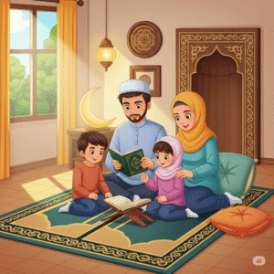 Muslim family on a prayer mat reciting Qur’an, reflecting Sunnah and family bonding.