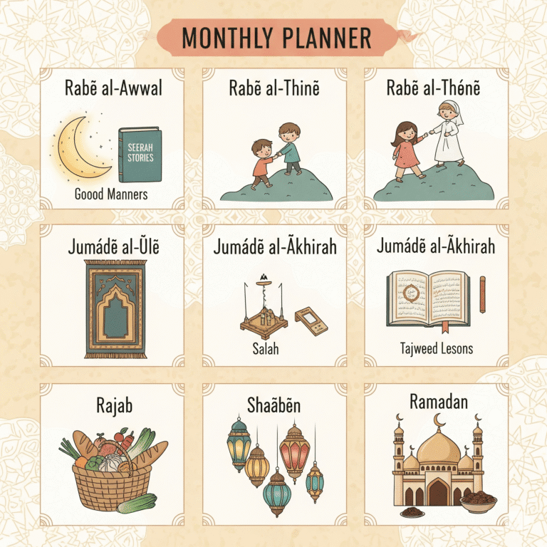 Illustrated monthly Islamic planner from Rabīʿ al-Awwal to Ramadan, showing themes like seerah stories, good manners, salah, tajweed, charity, and Ramadan preparation—designed to support Islamic education for kids online.