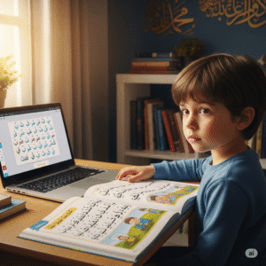 A young boy learning Arabic letters during a Quran class online, using both a laptop and an illustrated textbook in a cozy study room with Islamic calligraphy on the wall.
