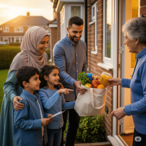 Children giving a food package to a neighbor as an act of kindness.