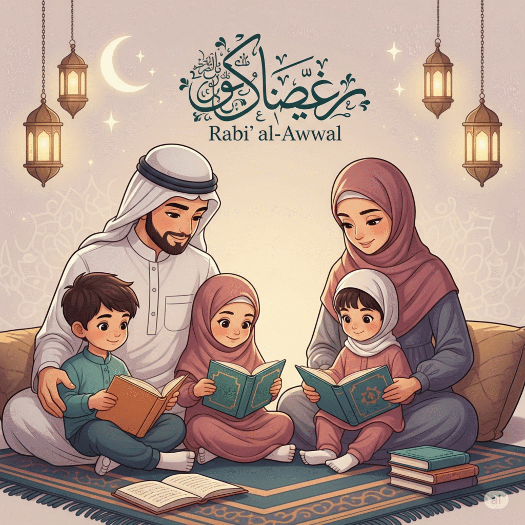 Muslim family sitting together on a prayer mat, reading Islamic storybooks under warm lighting.