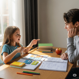 A young girl is sitting at a desk and actively explaining something to an older sibling. She is pointing with a pencil at her notebook and a stack of colorful flashcards.
