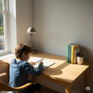 Minimalist sunlit study desk with a child writing in a notebook, books and pen holder neatly arranged.