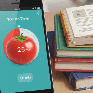 Close-up of a timer app on a smartphone next to an open notebook and pen
