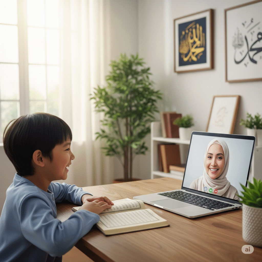 Muslim child learning Quran online with a teacher through virtual Quran classes.