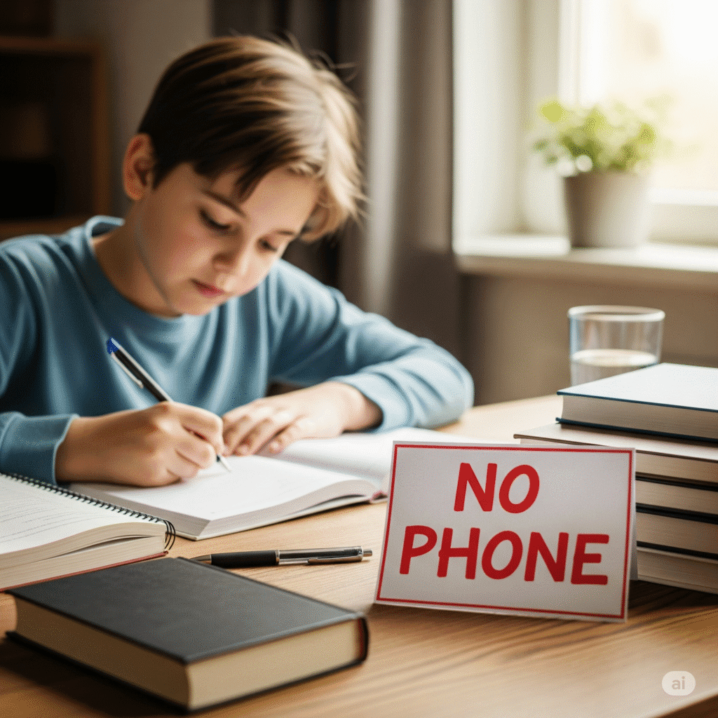 Child studying at a desk with a 'No Phone' sign, books, and notebooks neatly arranged.