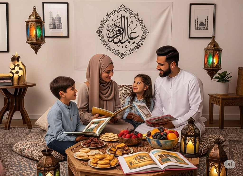 Family sitting together with snacks, storybooks, and lantern decorations for Mawlid.