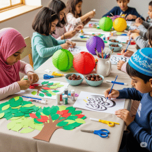 Children at a craft table making a Sunnah Tree and painting Islamic calligraphy with paper lanterns and supplies.