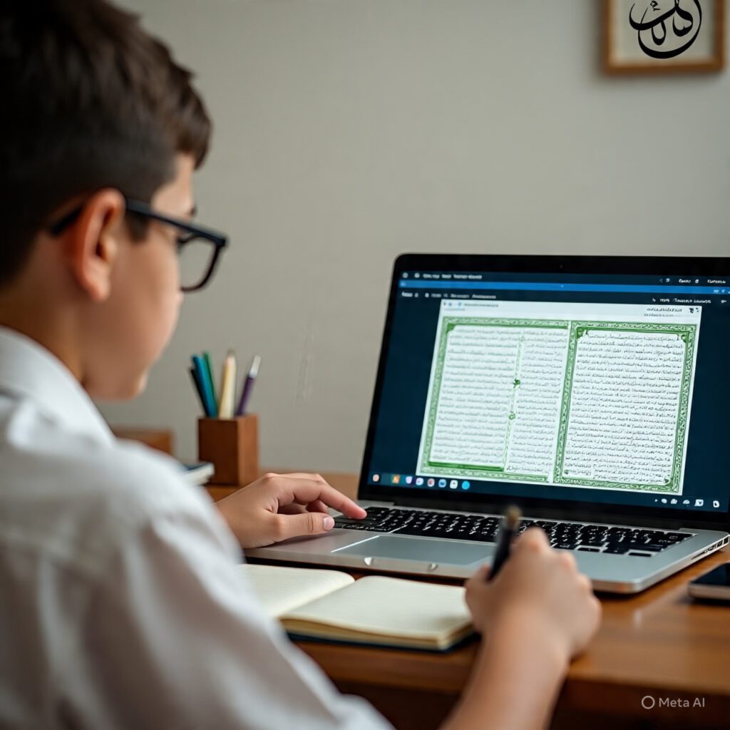 A child reading Qur’an on a laptop