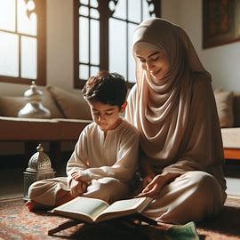 Mother listening as her son recites Quran at home.