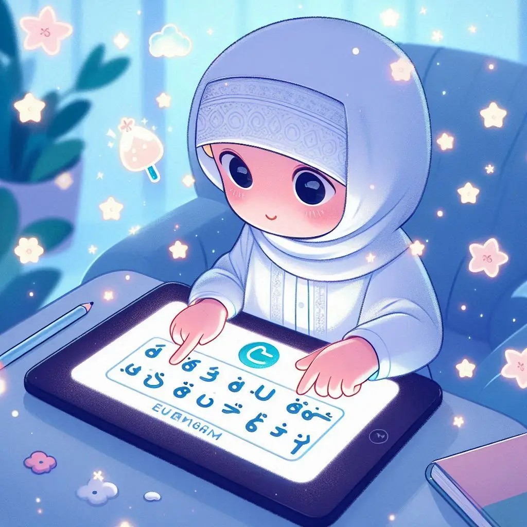 Preschool kid learning Arabic letters in a fun online class