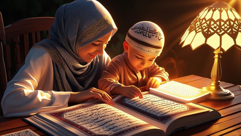 Parent supporting child’s Islamic learning at home during Rabi’ al-Awwal.
