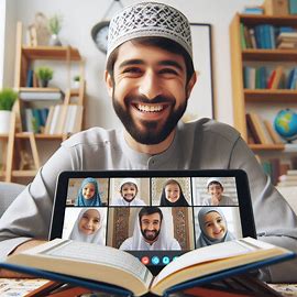 Smiling online Qur’an teacher guiding children in a live virtual class.