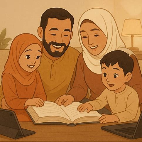 Parents bonding with children over a book in a modern home