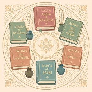 Illustrated books with names of famous Muslim female scholars, representing Islamic knowledge and inspiring ways on how to learn Quran at home.