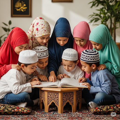 A group of young children, boys in caps and girls in hijabs, are gathered around a low table, intently looking at and pointing to a large, open Arabic book.