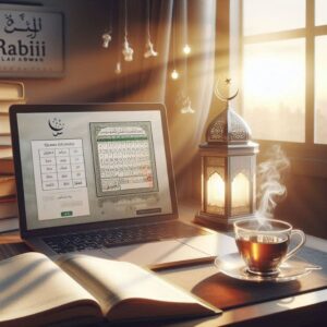 A cozy study corner with a laptop displaying a digital Quran page, an open book, a cup of tea, and an ornate lantern by the window, symbolizing peaceful learning during Rabīʿ al-Awwal through a learn quran reading online.