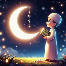 Child welcoming Islamic New Year during Muharram with crescent moon