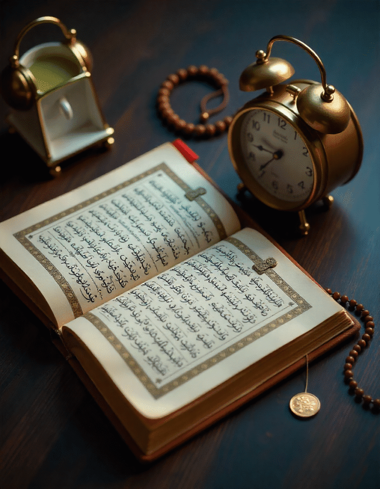 Islamic morning routine with Quran, tasbeeh, and alarm clock representing Sunnah practices.