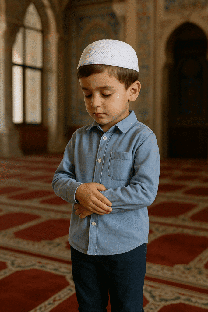 Young boy praying Salah in a mosque.