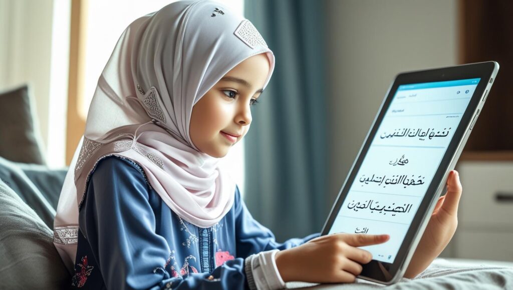 Young child learning Quran in an online madrasa for kids.