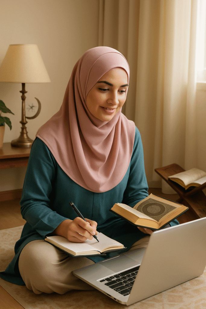 Young Muslim woman in hijab studying at home with laptop as part of an online Islamic course for ladies.