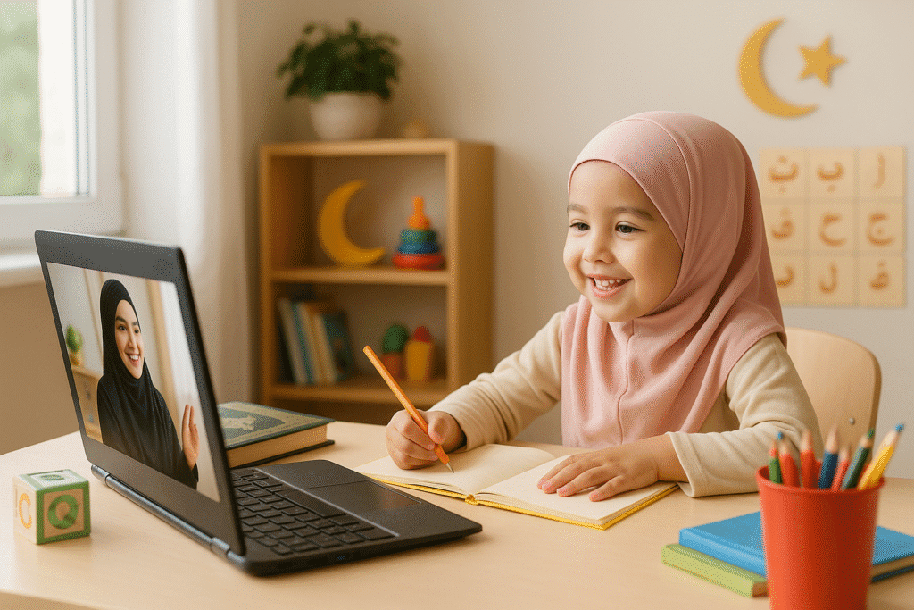 “Kids memorizing Quran through online madrasa classes.