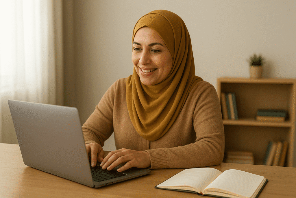Muslim woman online tutor teaching with laptop at home