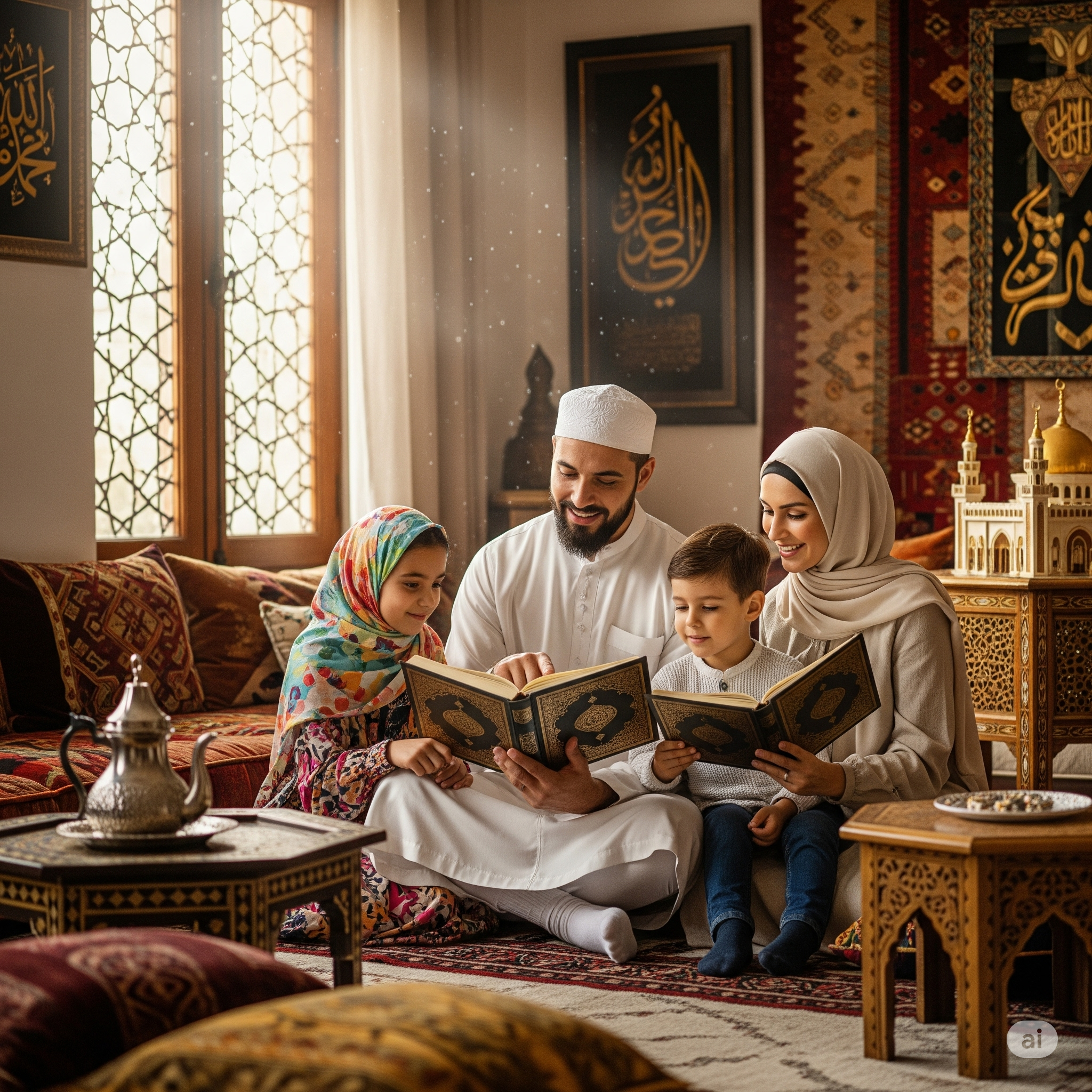 Family teaching kids Quran during Rabi al Awwal Sunnah activities.