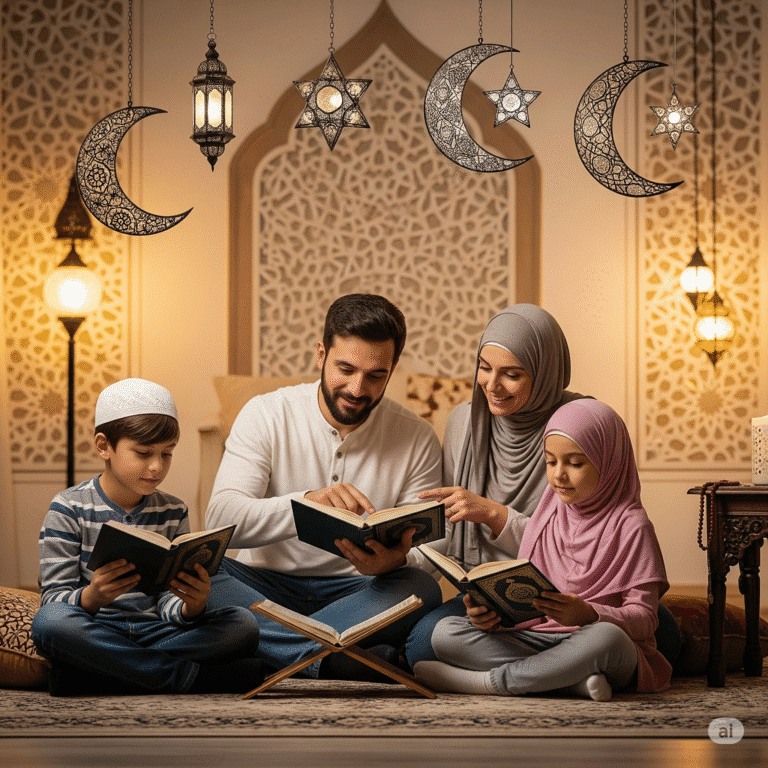 Muslim family learning and practicing Sunnah together.