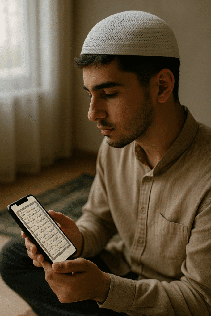 A young Muslim man sitting indoors, attentively reading Quranic verses on his smartphone, illustrating the concept of learn Quran online with Tajweed in a calm and focused environment.